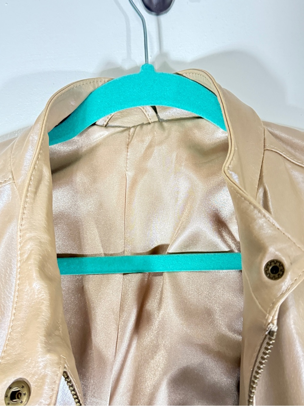 Women’s Taupe Leather Like Zip-Front Coat with Zipper Pockets - Picture 4 of 12